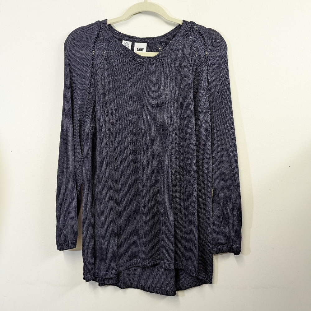 Vintage DKNY Navy Pointelle Sweater Loose Fit Slinky L Made In USA Lightweight